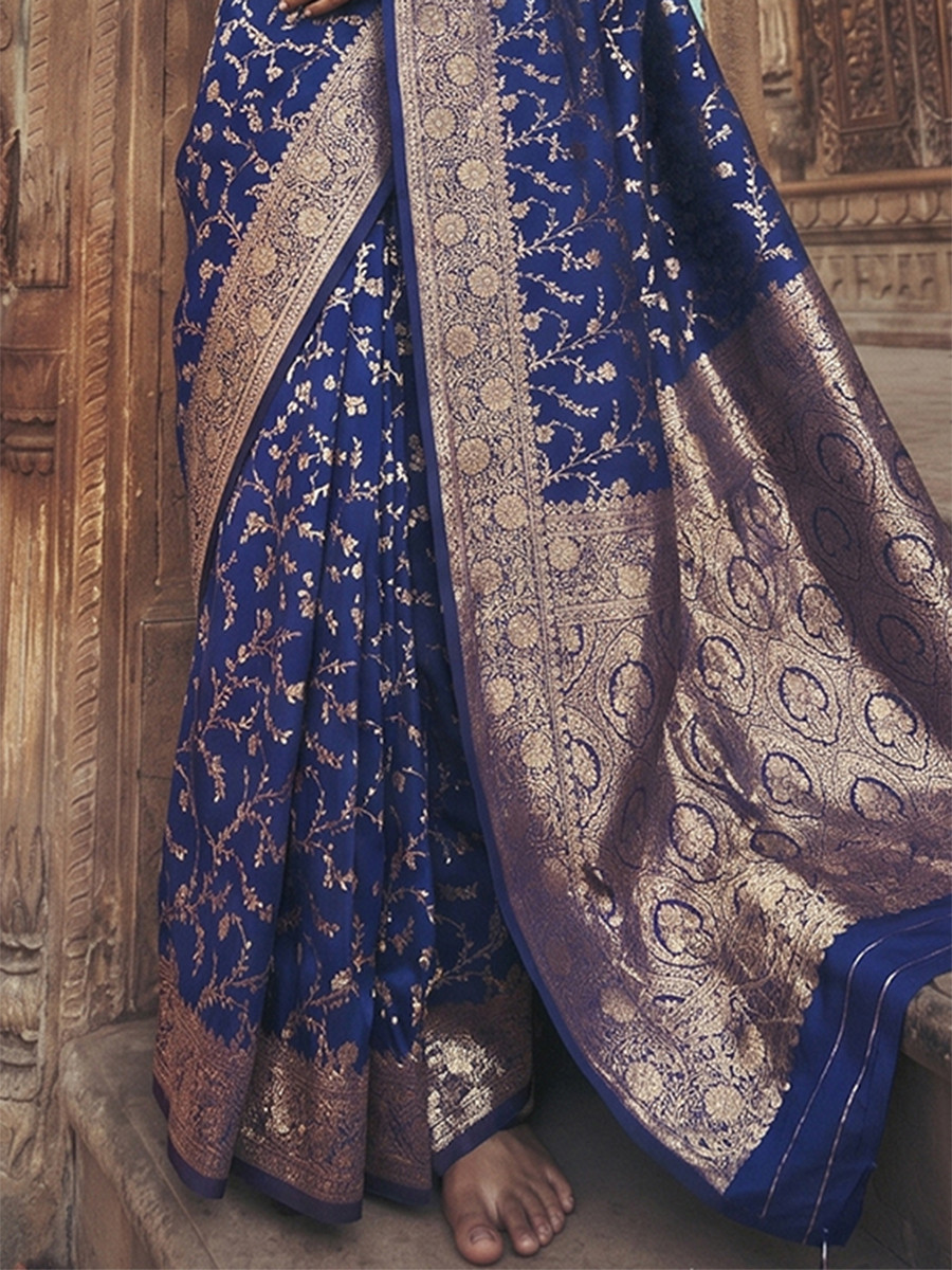 Blue Art Silk Jacquard Wedding Reception Party Festival Casual Heavy Border Sarees