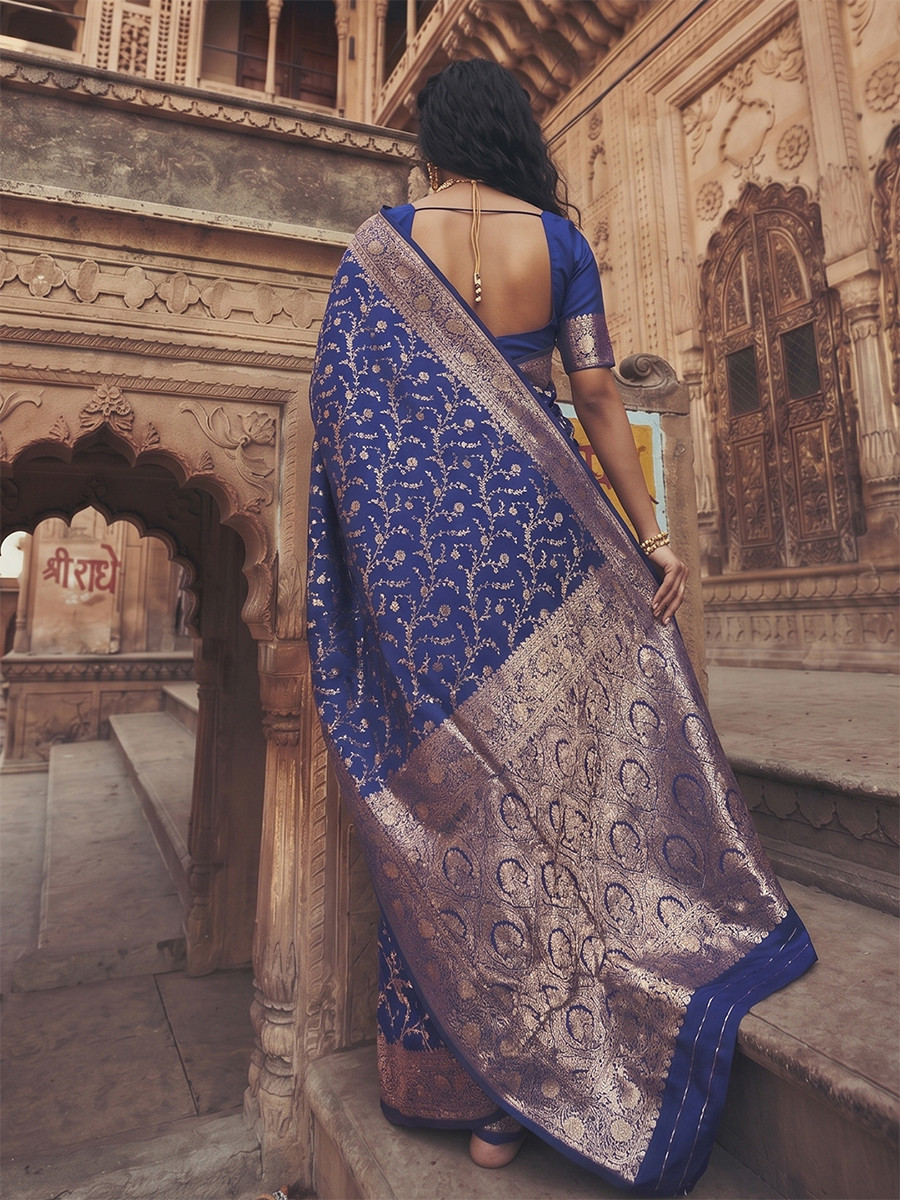 Blue Art Silk Jacquard Wedding Reception Party Festival Casual Heavy Border Sarees