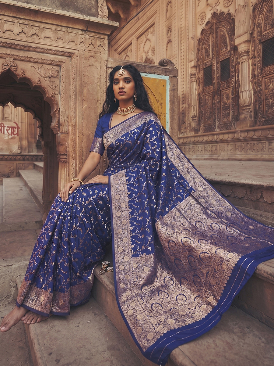 Blue Art Silk Jacquard Wedding Reception Party Festival Casual Heavy Border Sarees
