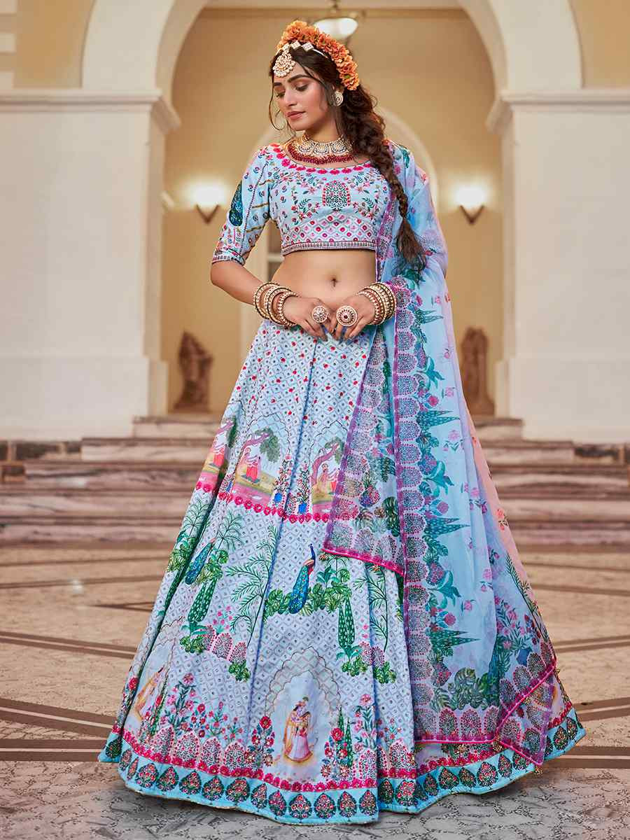 Blue Art Silk Printed And Hand Embroidered Party Reception Wedding Lehenga Choli