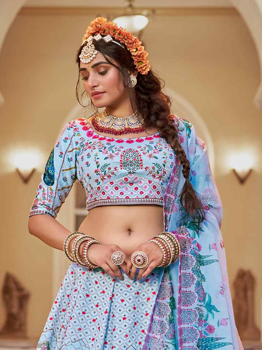 Blue Art Silk Printed And Hand Embroidered Party Reception Wedding Lehenga Choli