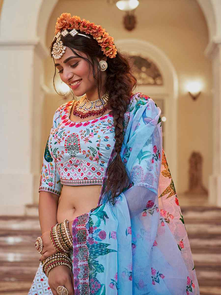 Blue Art Silk Printed And Hand Embroidered Party Reception Wedding Lehenga Choli