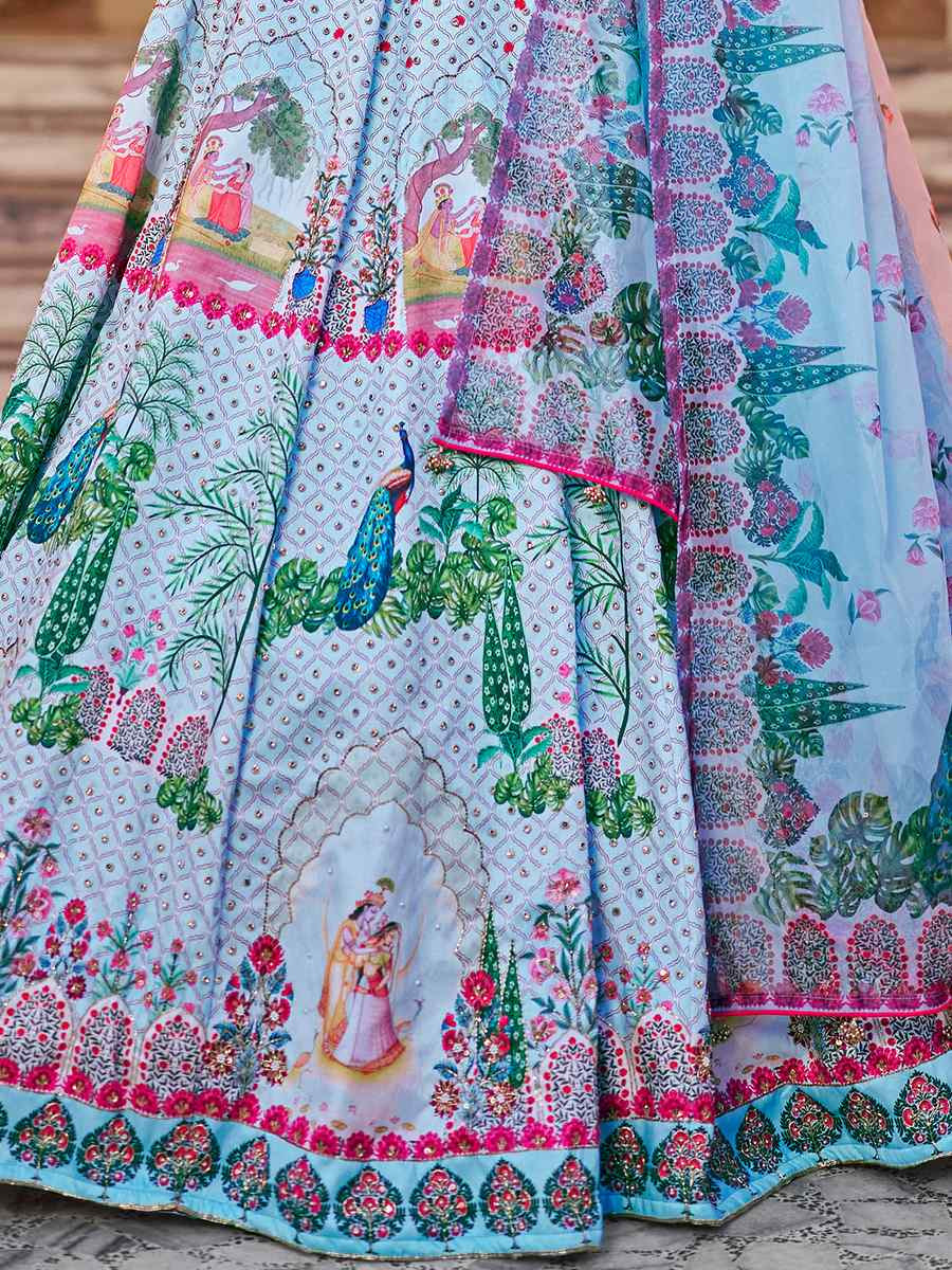Blue Art Silk Printed And Hand Embroidered Party Reception Wedding Lehenga Choli