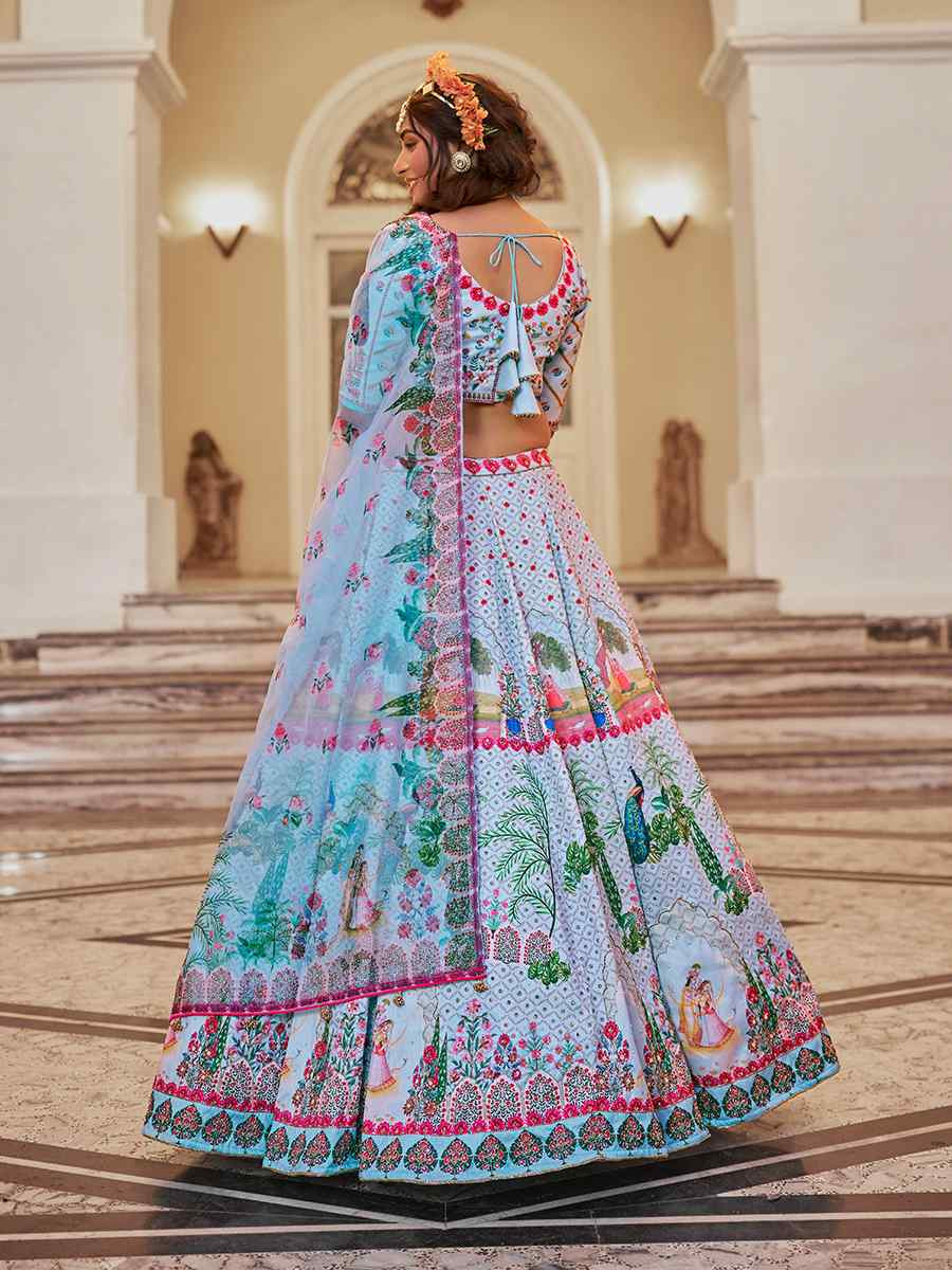 Blue Art Silk Printed And Hand Embroidered Party Reception Wedding Lehenga Choli