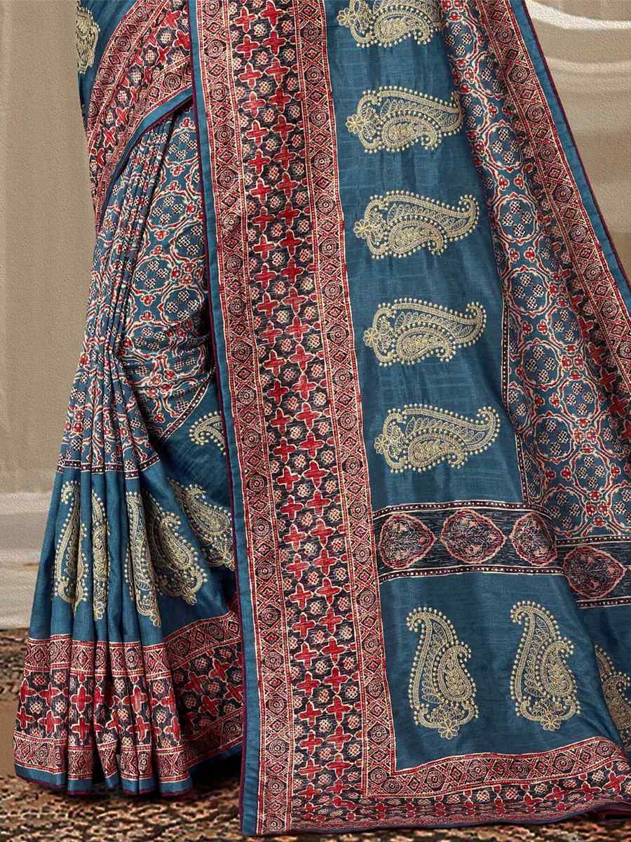 Blue Art Silk Printed Casual Festival Contemporary Saree