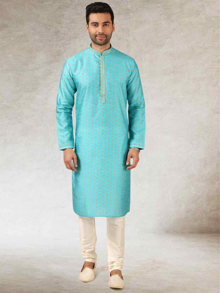 Blue Art Silk Printed Festival Kurta