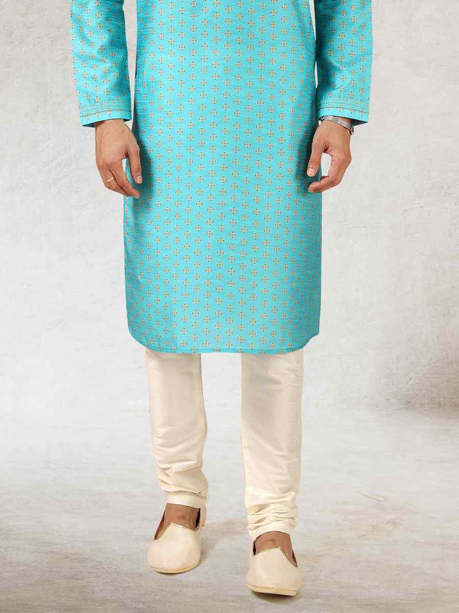 Blue Art Silk Printed Festival Kurta