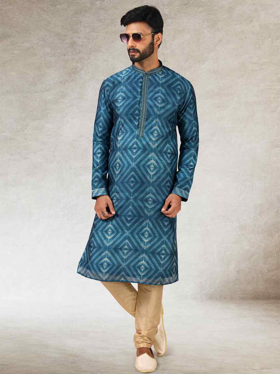 Blue Art Silk Printed Festival Kurta