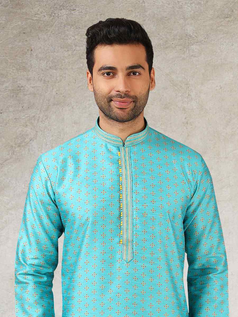 Blue Art Silk Printed Festival Kurta