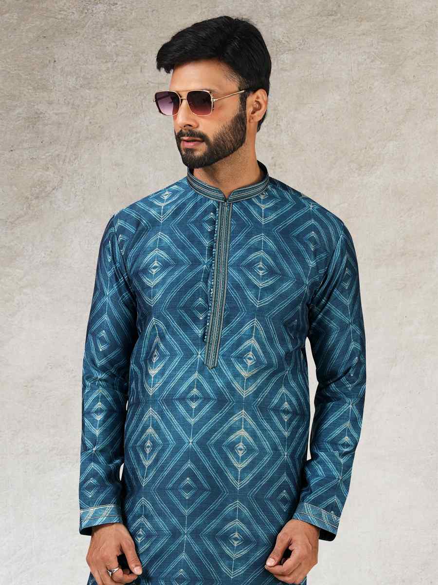 Blue Art Silk Printed Festival Kurta