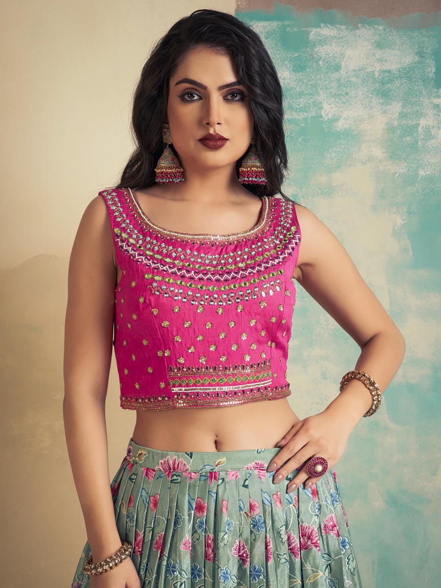 Blue Art Silk Printed Festival Wedding Ready Circular Lehenga Choli