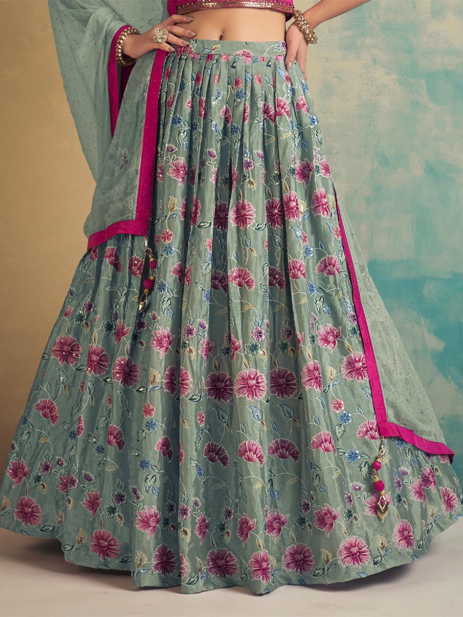 Blue Art Silk Printed Festival Wedding Ready Circular Lehenga Choli