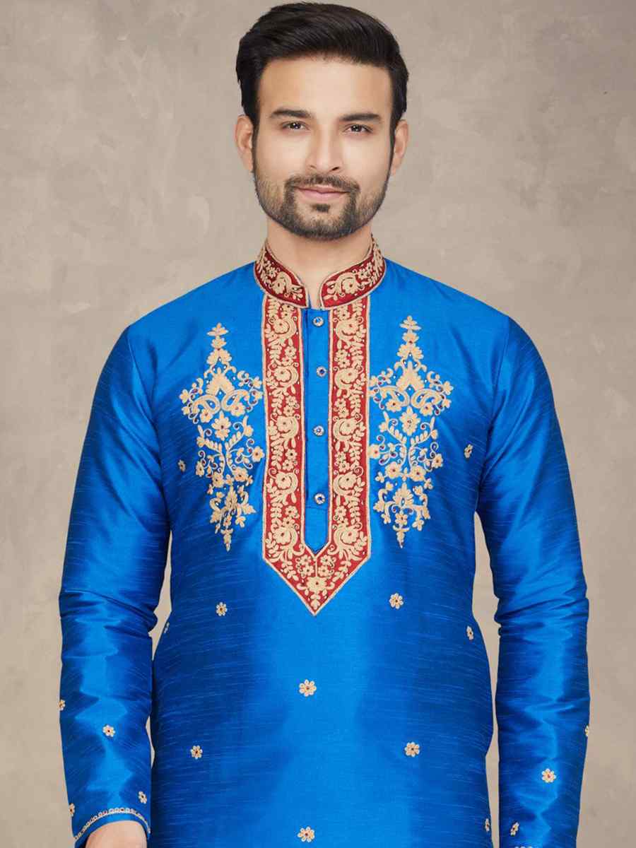 Blue Art Silk Woven Festival Mehendi Kurta