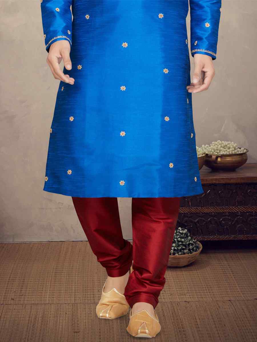 Blue Art Silk Woven Festival Mehendi Kurta