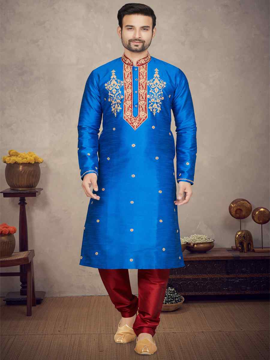 Blue Art Silk Woven Festival Mehendi Kurta