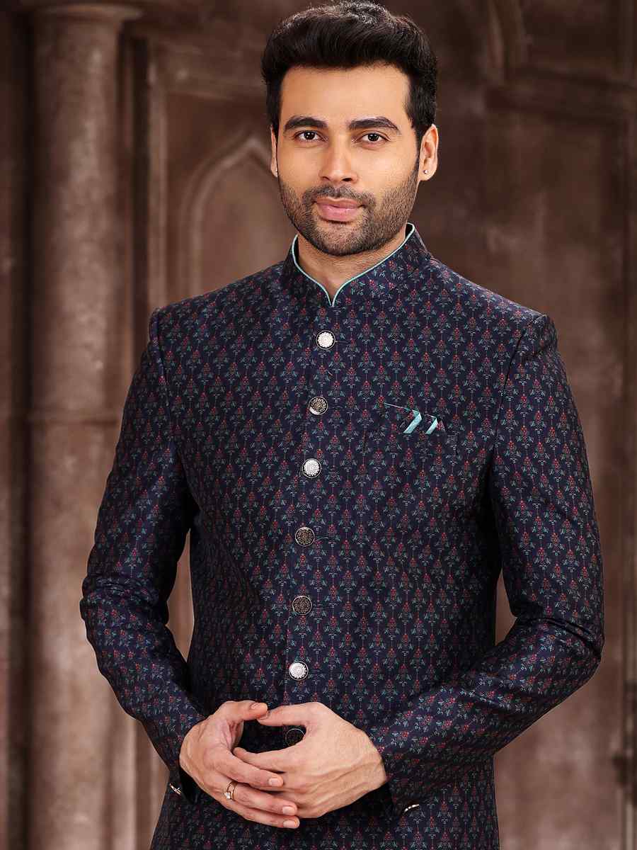 Blue Art Silk Woven Wedding Party Sherwani