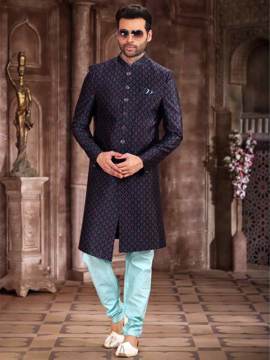 Blue Art Silk Woven Wedding Party Sherwani