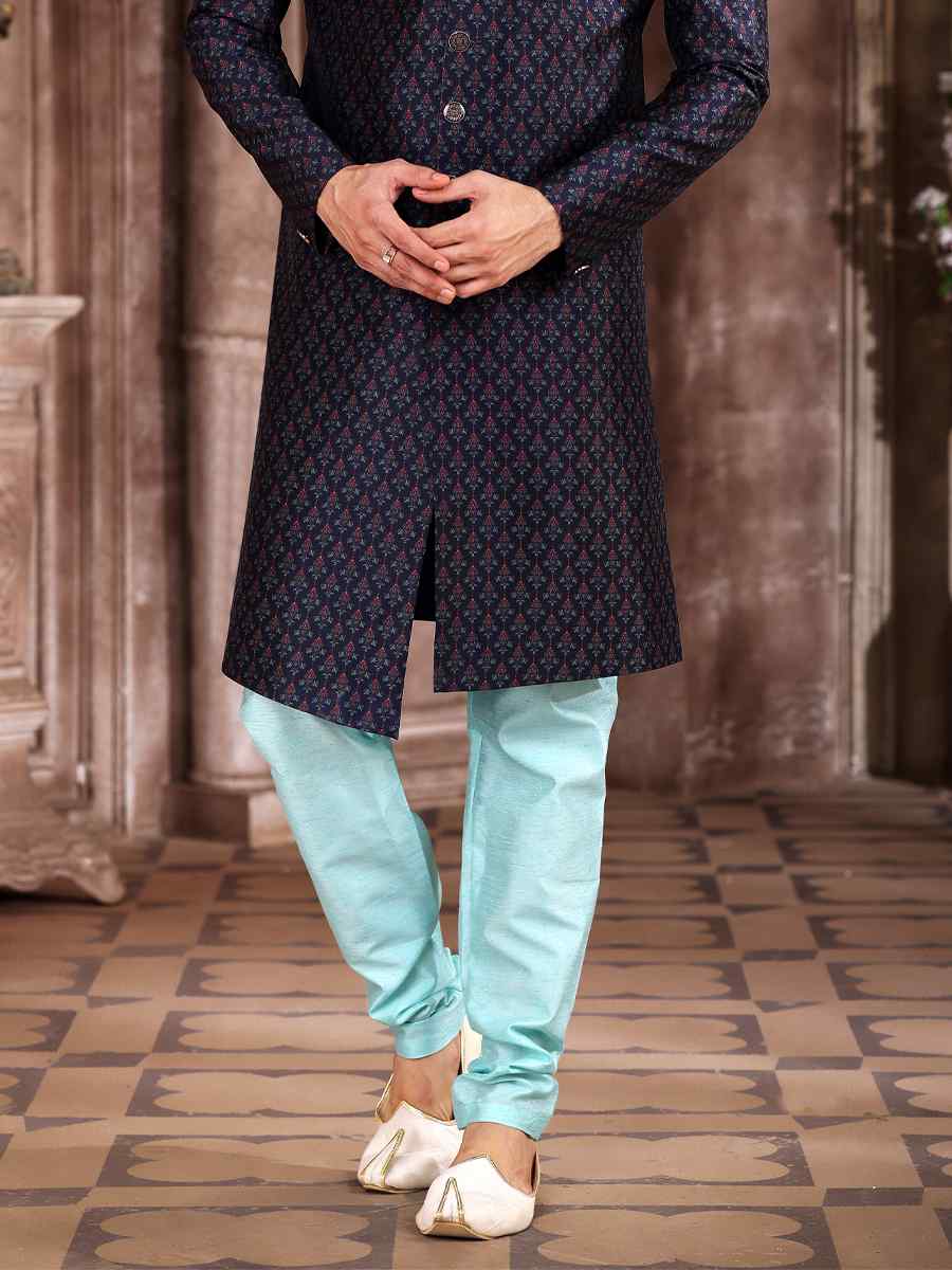 Blue Art Silk Woven Wedding Party Sherwani