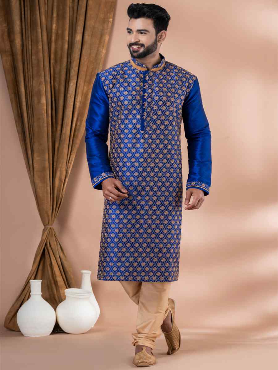 Blue Banarasi Dupion Woven Festival Wedding Kurta