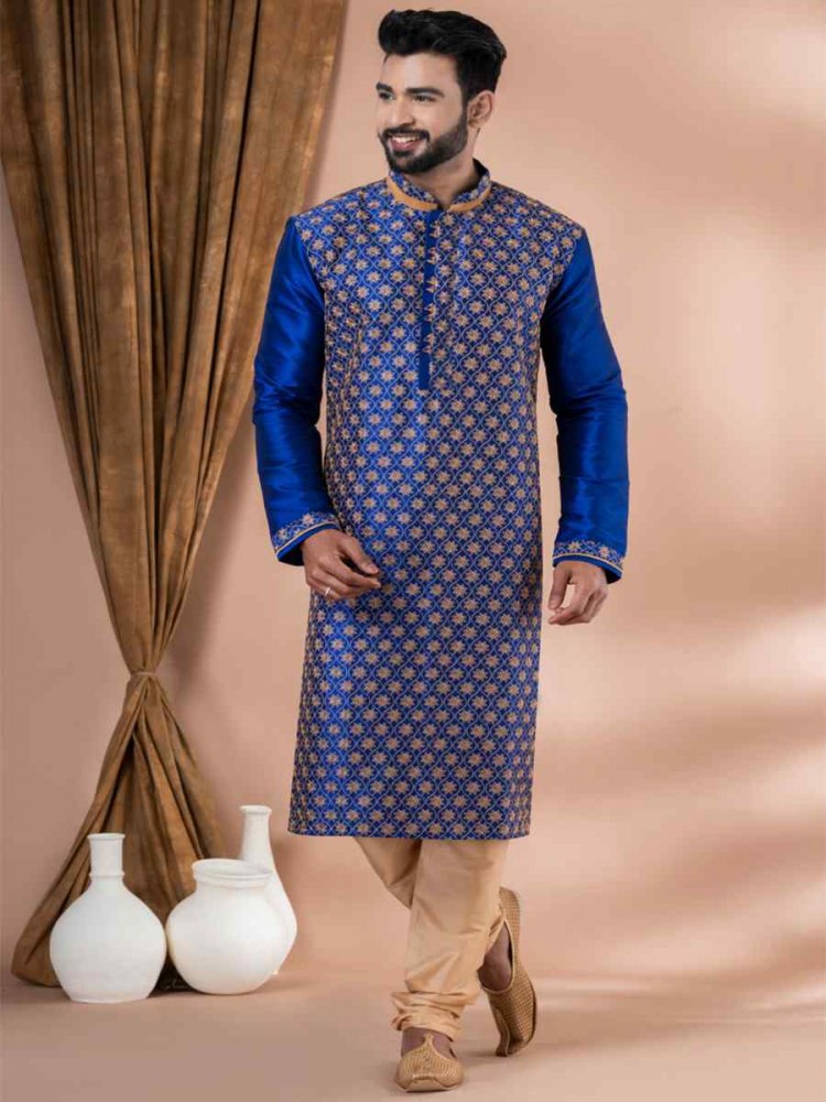 Blue Banarasi Dupion Woven Festival Wedding Kurta