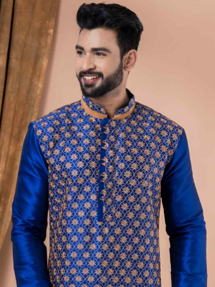 Blue Banarasi Dupion Woven Festival Wedding Kurta