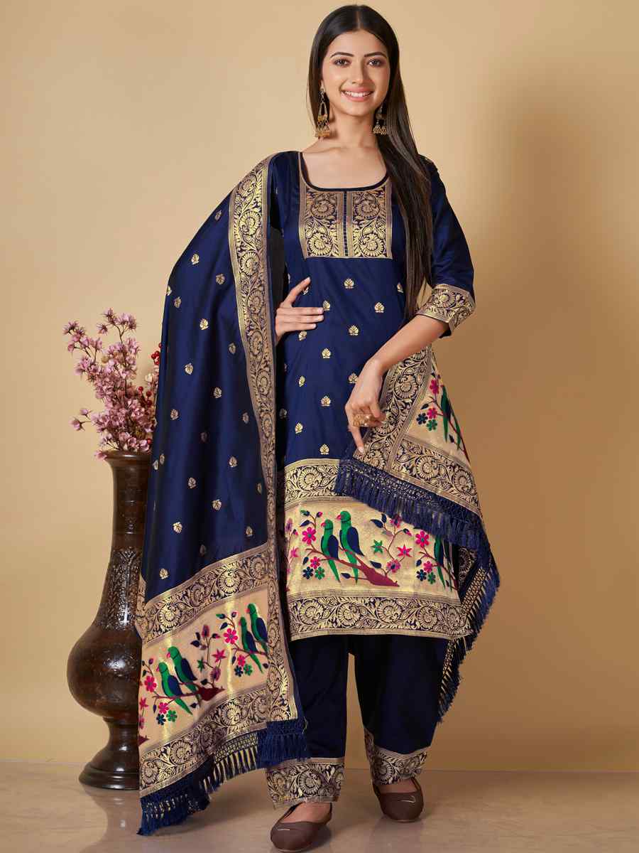 Blue Banarasi Handwoven Mehendi Festival Pant Salwar Kameez