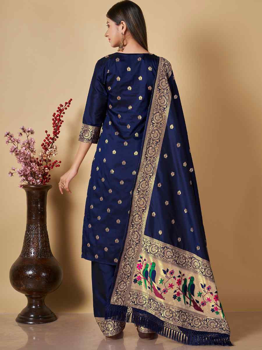 Blue Banarasi Handwoven Mehendi Festival Pant Salwar Kameez