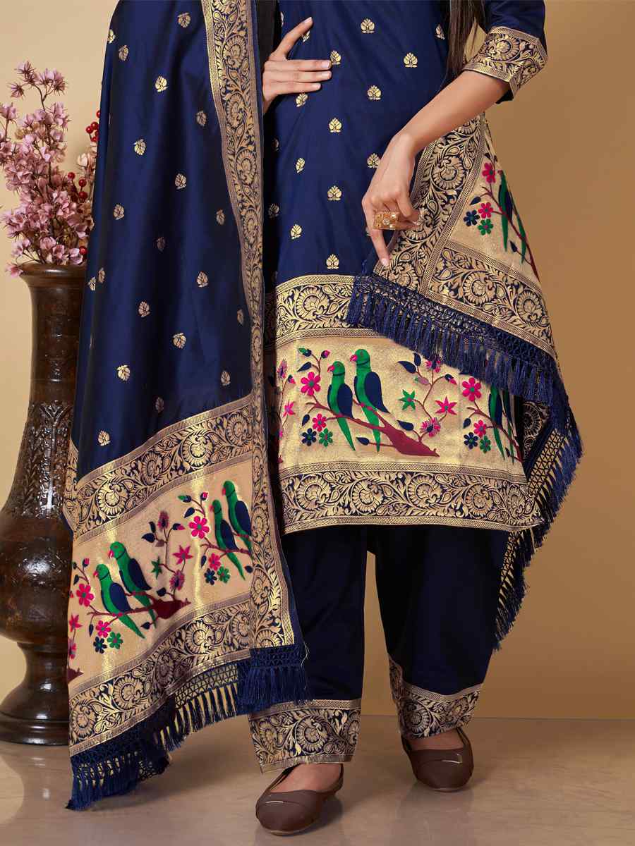 Blue Banarasi Handwoven Mehendi Festival Pant Salwar Kameez