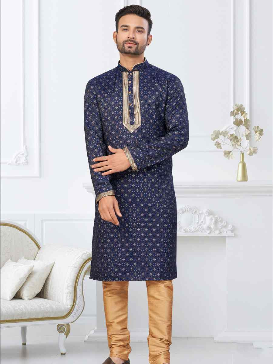 Blue Banarasi Jackard Embroidery Festival Wedding Party Mens Kurta
