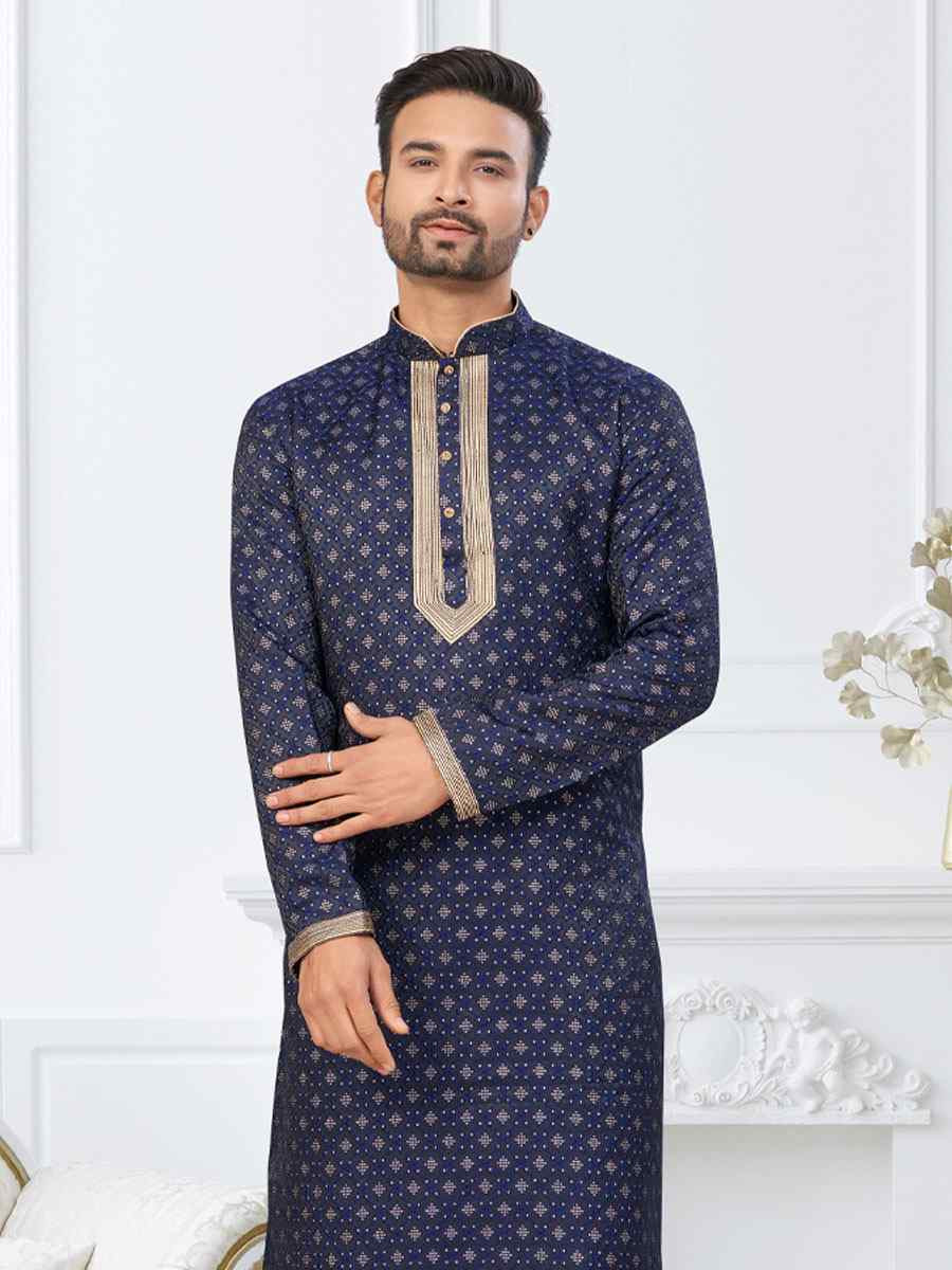 Blue Banarasi Jackard Embroidery Festival Wedding Party Mens Kurta