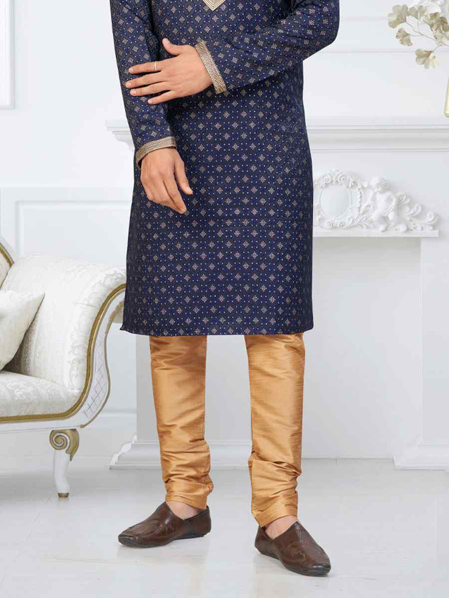 Blue Banarasi Jackard Embroidery Festival Wedding Party Mens Kurta
