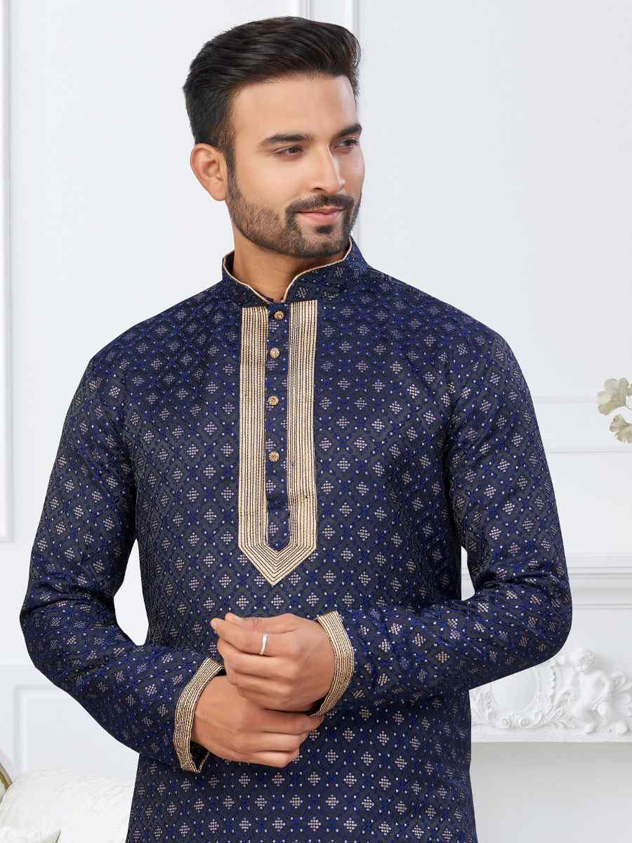 Blue Banarasi Jackard Embroidery Festival Wedding Party Mens Kurta