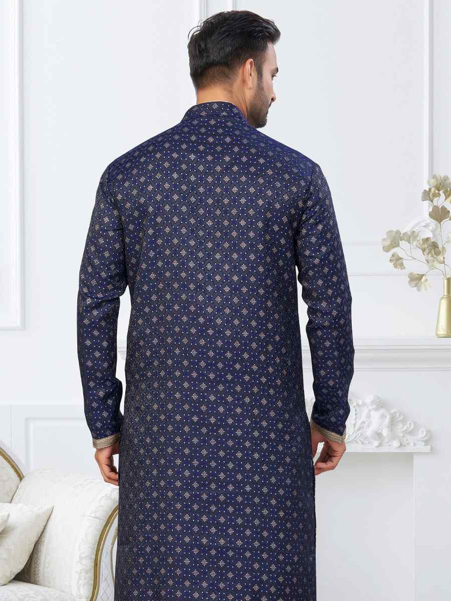 Blue Banarasi Jackard Embroidery Festival Wedding Party Mens Kurta