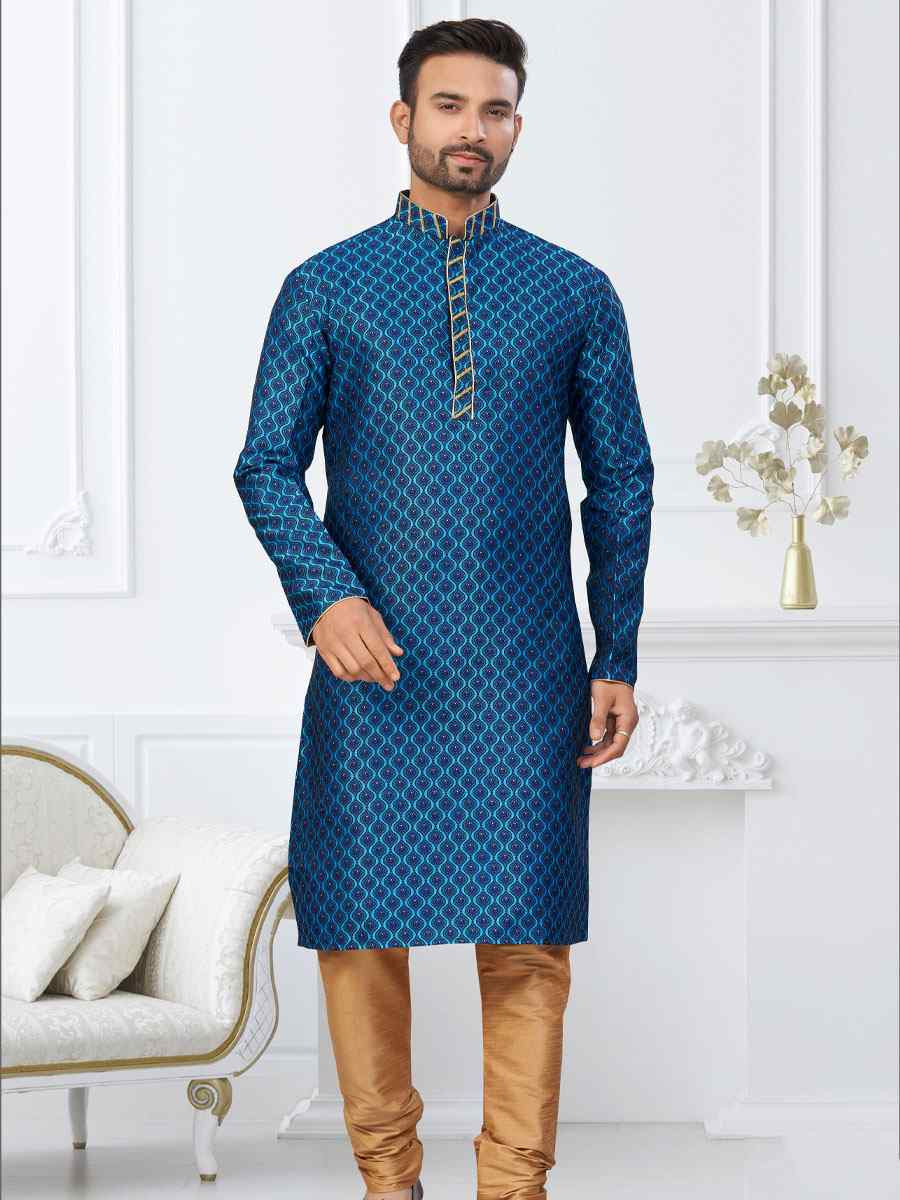 Blue Banarasi Jackard Embroidery Festival Wedding Party Mens Kurta