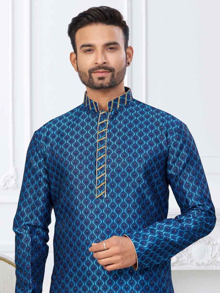 Blue Banarasi Jackard Embroidery Festival Wedding Party Mens Kurta