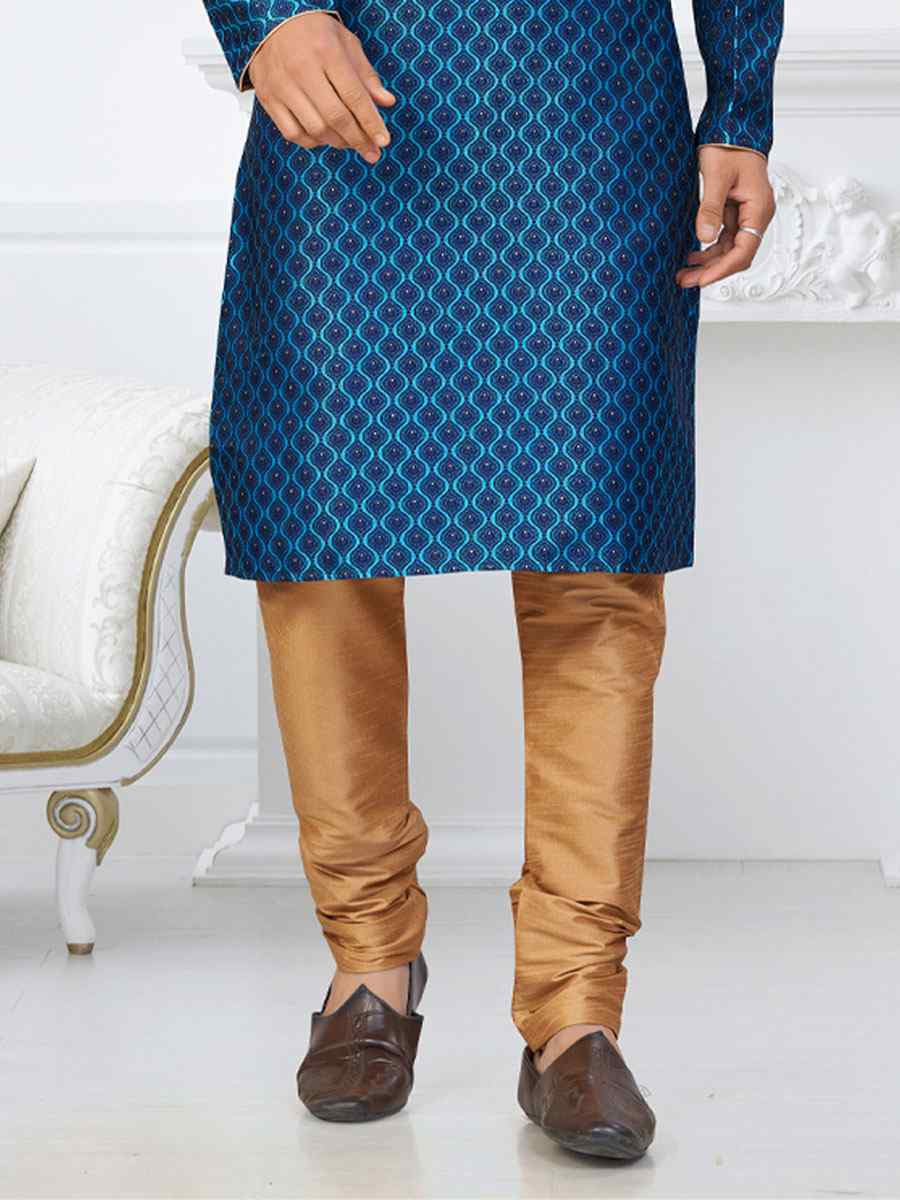 Blue Banarasi Jackard Embroidery Festival Wedding Party Mens Kurta