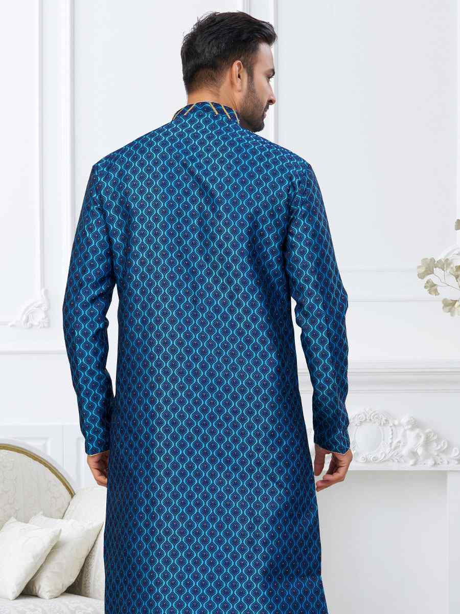 Blue Banarasi Jackard Embroidery Festival Wedding Party Mens Kurta