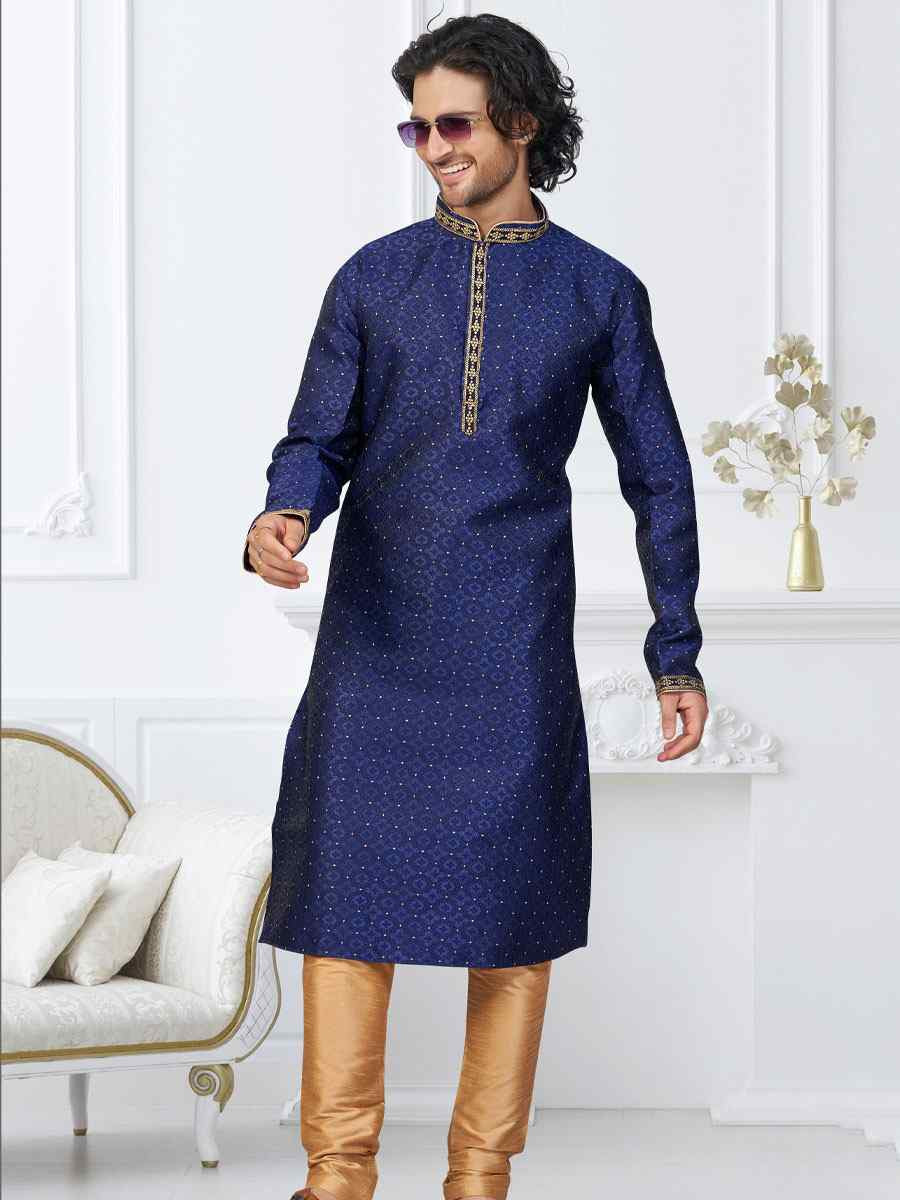 Blue Banarasi Jackard Embroidery Festival Wedding Party Mens Kurta