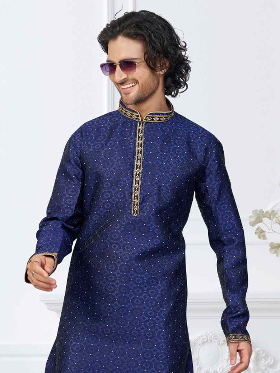 Blue Banarasi Jackard Embroidery Festival Wedding Party Mens Kurta