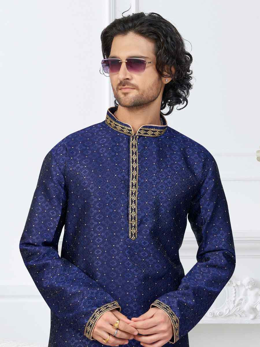 Blue Banarasi Jackard Embroidery Festival Wedding Party Mens Kurta