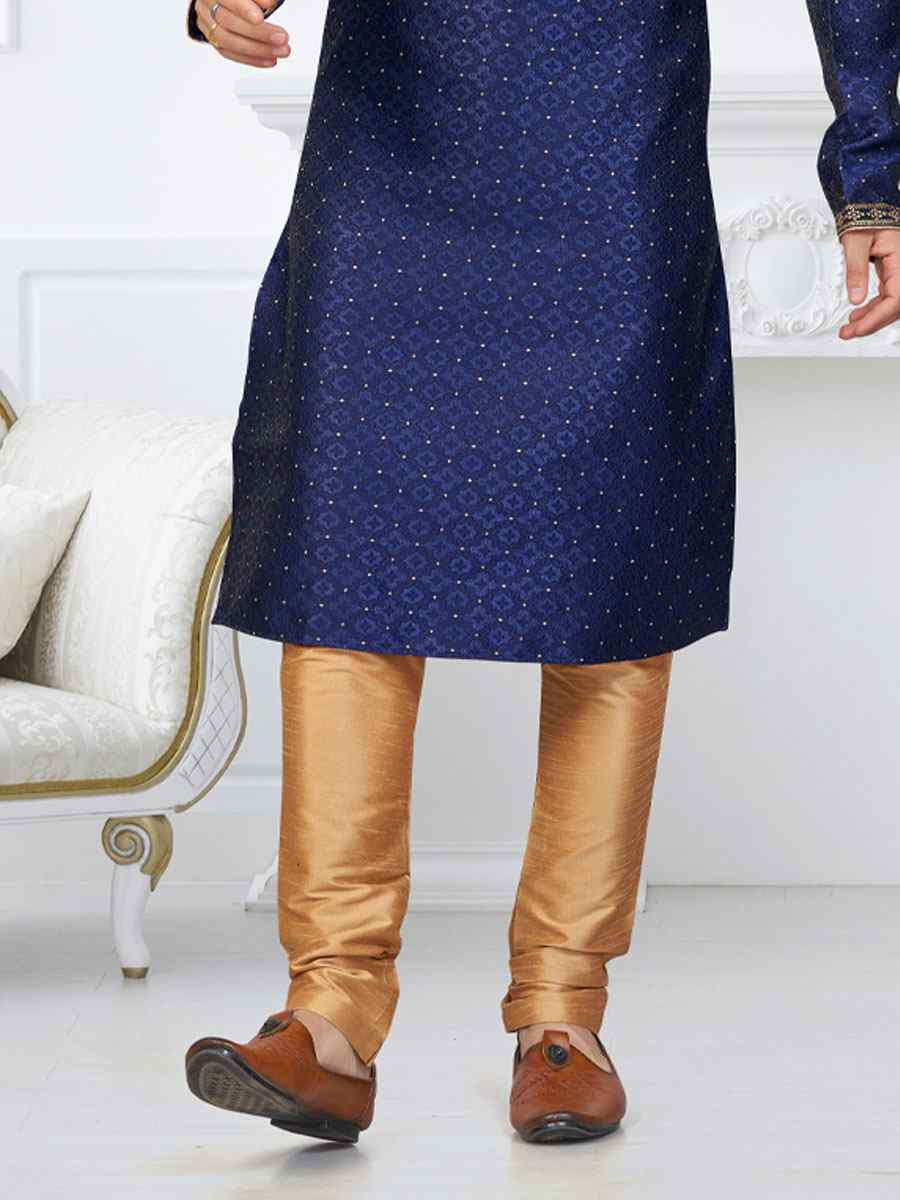 Blue Banarasi Jackard Embroidery Festival Wedding Party Mens Kurta