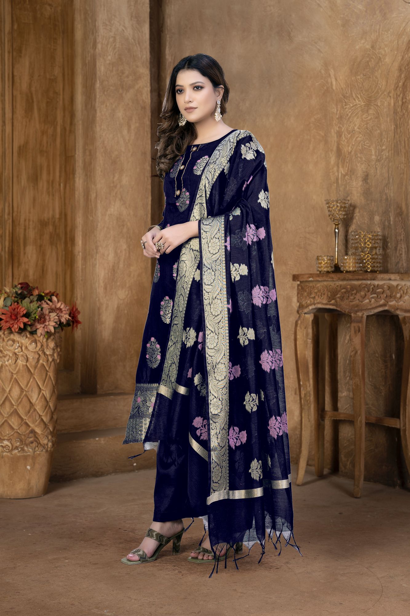 Blue Banarasi Jacquard Embroidered Festival Party Pant Salwar Kameez