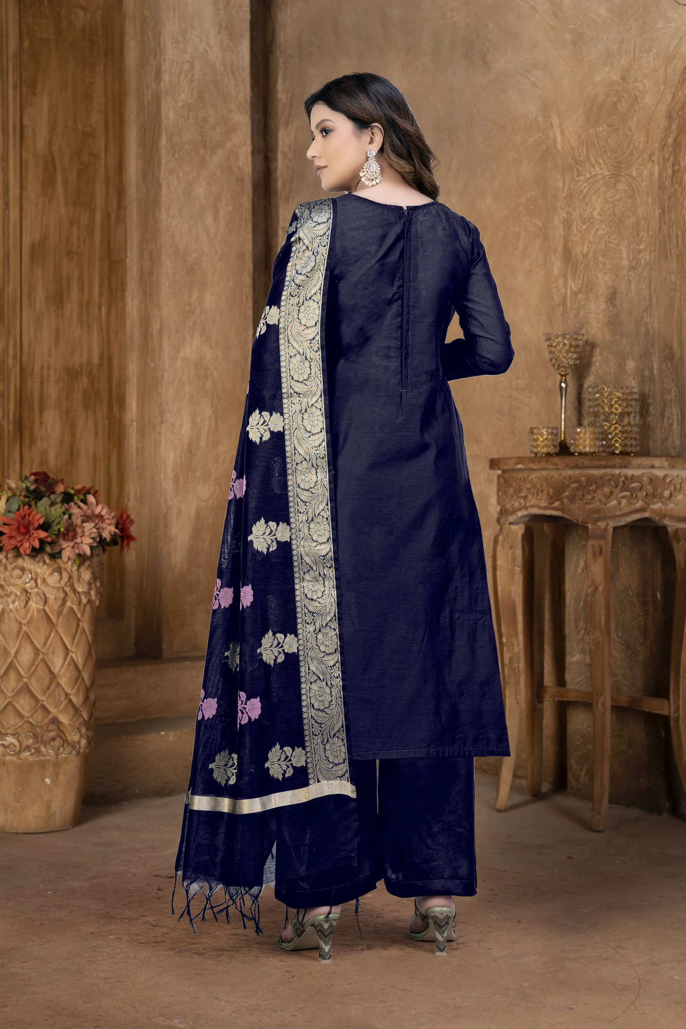 Blue Banarasi Jacquard Embroidered Festival Party Pant Salwar Kameez