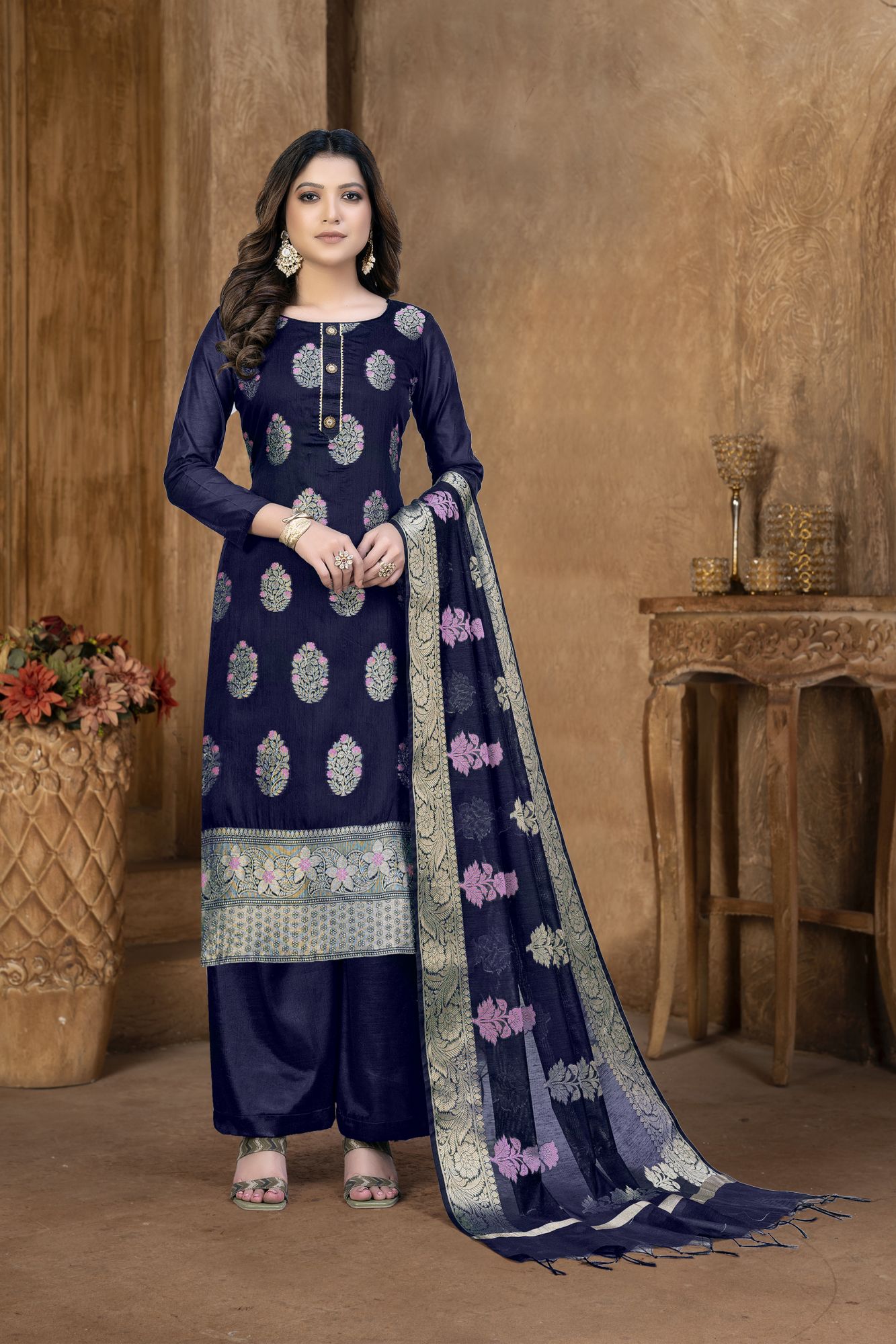 Blue Banarasi Jacquard Embroidered Festival Party Pant Salwar Kameez