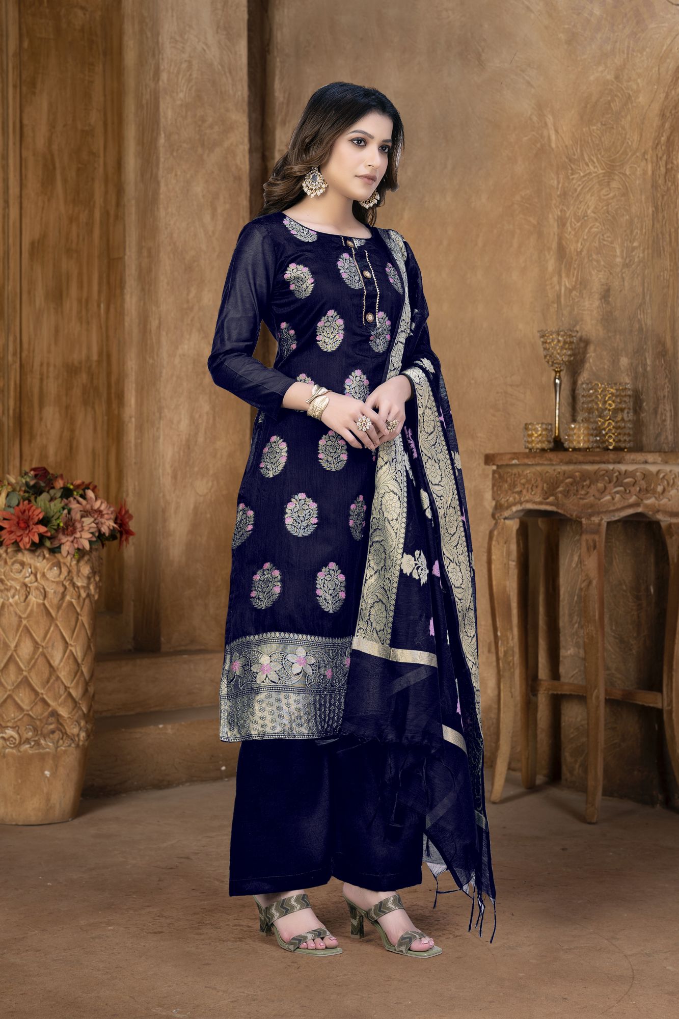 Blue Banarasi Jacquard Embroidered Festival Party Pant Salwar Kameez