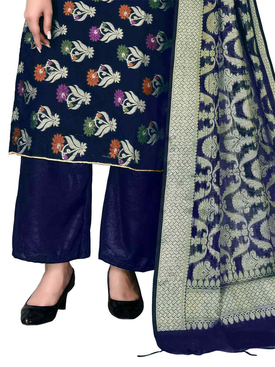 Blue Banarasi Jacquard Embroidered Festival Wedding Pant Salwar Kameez