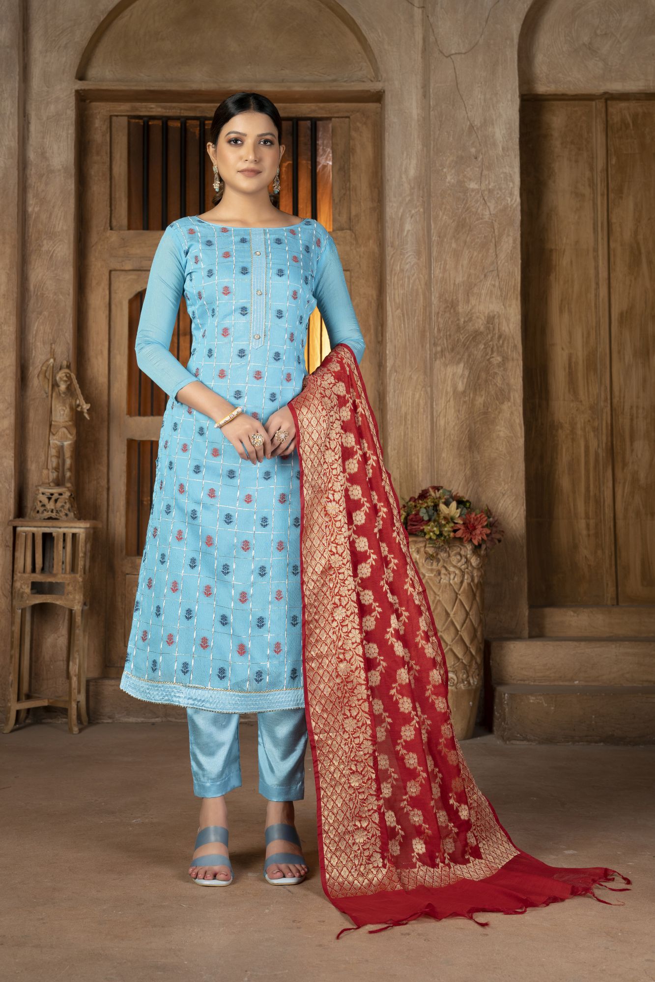 Blue Banarasi Jacquard Embroidery Festival Party Pant Salwar Kameez