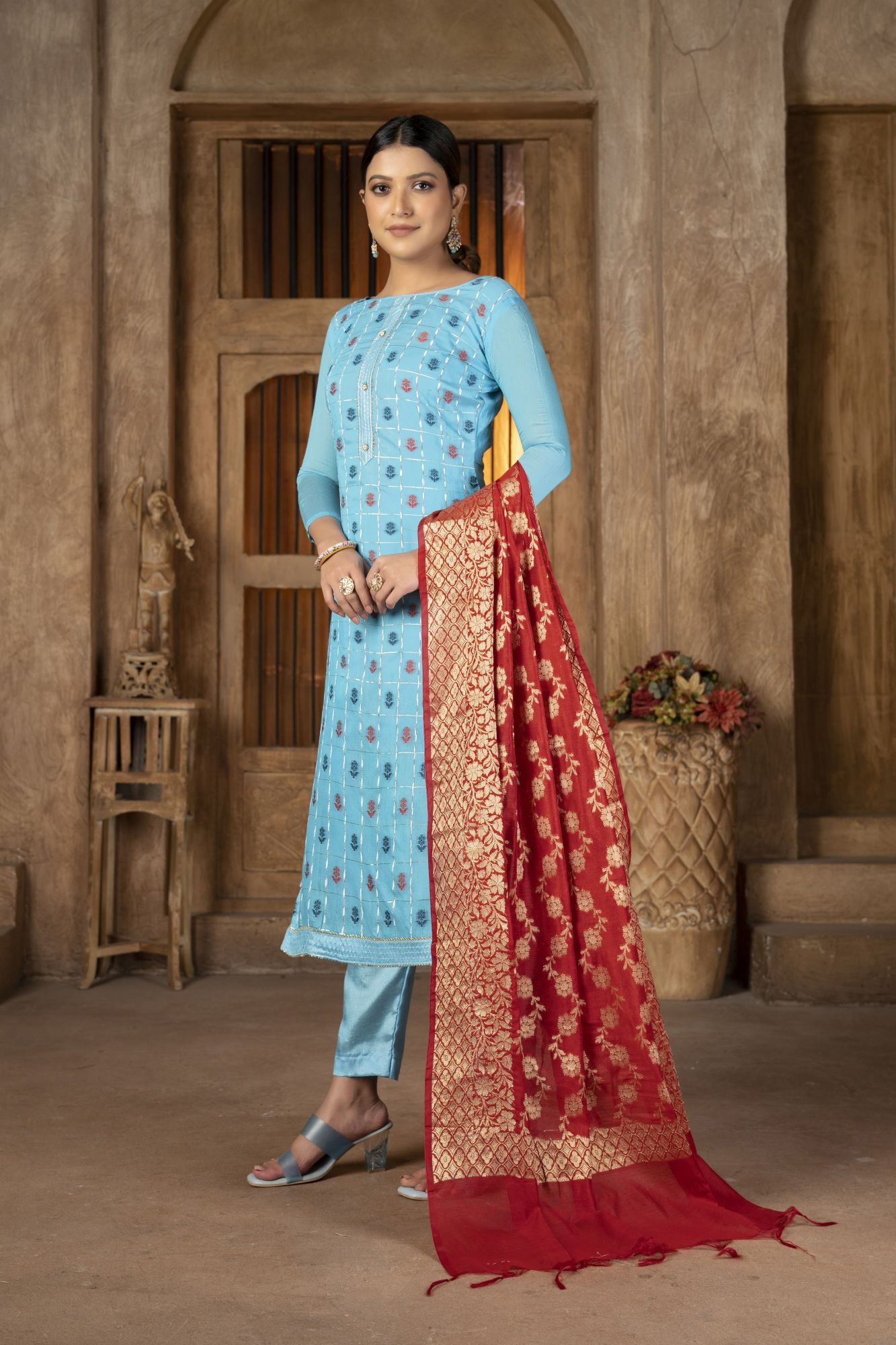 Blue Banarasi Jacquard Embroidery Festival Party Pant Salwar Kameez