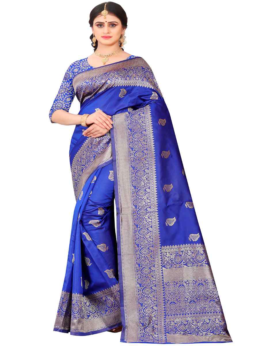 Blue Banarasi Jacquard Handwoven Wedding Festival Heavy Border Saree