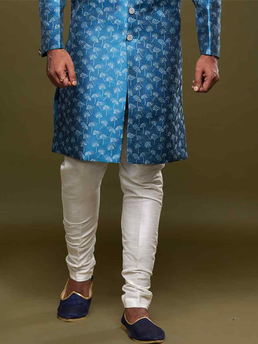 Blue Banarasi Jacquard Woven Wedding Party Sherwani